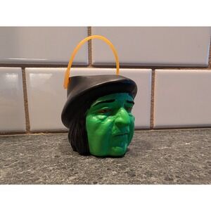 Vintage CLASSIC plastic Halloween GREEN Witch Candy Container Bucket Blow Mold